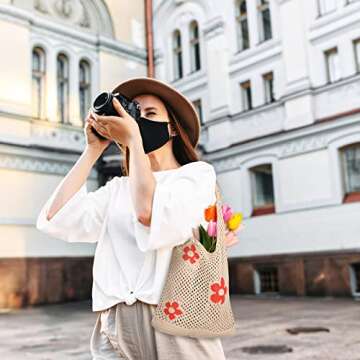 2 Pcs Boho Crochet Bag Knitted Tote Bag Grunge Aesthetic Tote Bag Mesh Hollow Shoulder Bags Casual Hippie Purse