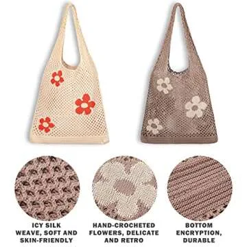 2 Pcs Boho Crochet Bag Knitted Tote Bag Grunge Aesthetic Tote Bag Mesh Hollow Shoulder Bags Casual Hippie Purse