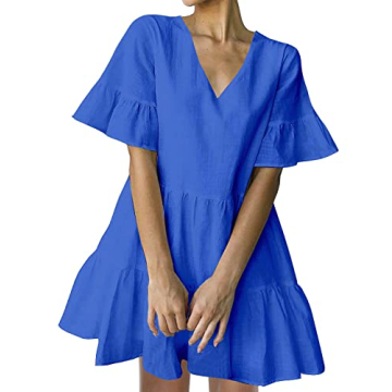 FANCYINN Women’s Blue Shift Tunic Mini Dress with Pockets Short Bell Sleeve V Neck Casual Swing Ru...
