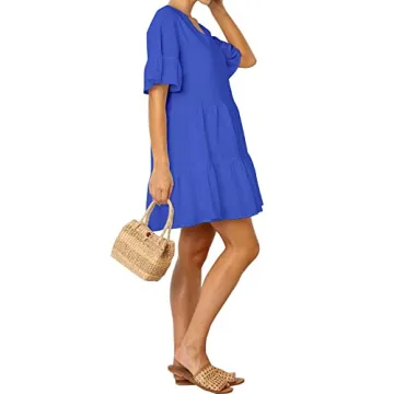 FANCYINN Women’s Blue Shift Tunic Mini Dress with Pockets Short Bell Sleeve V Neck Casual Swing Ruffle Hem Dress S