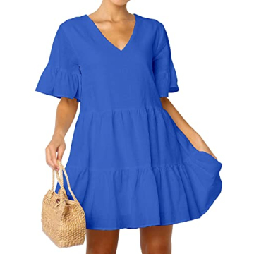 FANCYINN Women’s Blue Shift Tunic Mini Dress with Pockets Short Bell Sleeve V Neck Casual Swing Ruffle Hem Dress S