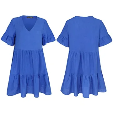 FANCYINN Women’s Blue Shift Tunic Mini Dress with Pockets Short Bell Sleeve V Neck Casual Swing Ruffle Hem Dress S