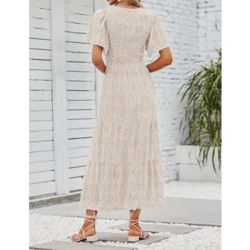 ZESICA Women's 2025 Summer Casual Floral Print Short Flutter Sleeve Crew Neck Smocked High Waist Flowy Maxi Dress,Beige,Large
