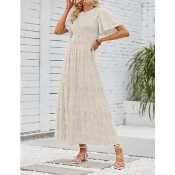 ZESICA Women's 2025 Summer Casual Floral Print Short Flutter Sleeve Crew Neck Smocked High Waist Flowy Maxi Dress,Beige,Large