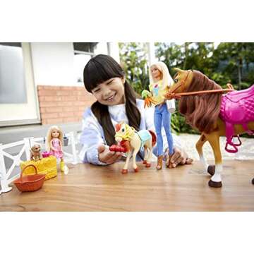 Barbie Playset and Chelsea Blonde Dolls, 2 Horses with Bobbling Heads and 15+ Toy Accessories That I...