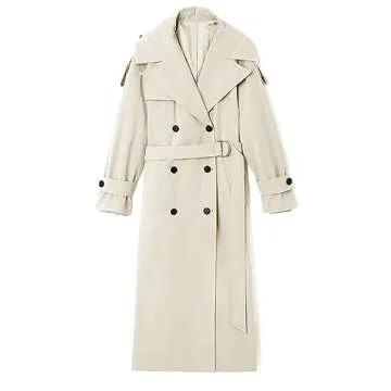 Farktop Womens Oversized Long Trench Coat Double Breasted Lapel Windproof Overcoat with Belt