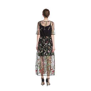 BaronHong Women's Floral Embroidered Tulle Prom Maxi Dress with Cami Dress 3/4 Sleeves(Black,M)