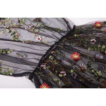 BaronHong Women's Floral Embroidered Tulle Prom Maxi Dress with Cami Dress 3/4 Sleeves(Black,M)