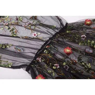 BaronHong Women's Floral Embroidered Tulle Prom Maxi Dress with Cami Dress 3/4 Sleeves(Black,M)
