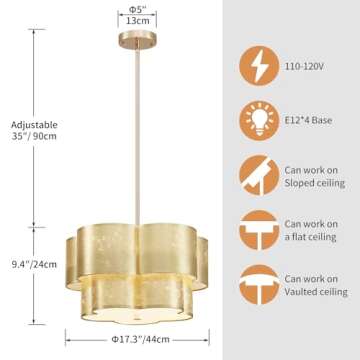 Saint Mossi 4-Light Fabric Chandelier with Gold Leaf Finish for Dining Room, Modern Drum Pendant Din...