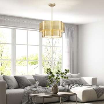 Saint Mossi 4-Light Fabric Chandelier with Gold Leaf Finish for Dining Room, Modern Drum Pendant Dinging Light Fixture for Kitchen Island, Living Room, Foyer, Height Adjustable, D17 x H9