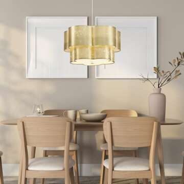 Saint Mossi 4-Light Fabric Chandelier with Gold Leaf Finish for Dining Room, Modern Drum Pendant Dinging Light Fixture for Kitchen Island, Living Room, Foyer, Height Adjustable, D17 x H9