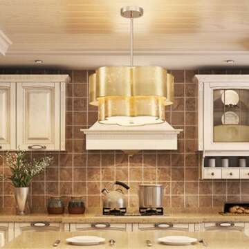 Saint Mossi 4-Light Fabric Chandelier with Gold Leaf Finish for Dining Room, Modern Drum Pendant Dinging Light Fixture for Kitchen Island, Living Room, Foyer, Height Adjustable, D17 x H9