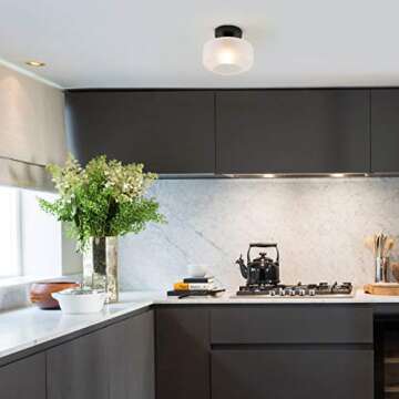 TeHenoo Industrial Ceiling Light Fixture with Frosted Glass Shade,Black Semi Flush Mount Light Fixtu...