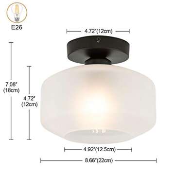 TeHenoo Industrial Ceiling Light Fixture with Frosted Glass Shade,Black Semi Flush Mount Light Fixture for Dining Room, Bedroom, Cafe, Bar, Corridor, Hallway, Entryway, Passway