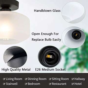 TeHenoo Industrial Ceiling Light Fixture with Frosted Glass Shade,Black Semi Flush Mount Light Fixture for Dining Room, Bedroom, Cafe, Bar, Corridor, Hallway, Entryway, Passway