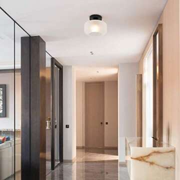 TeHenoo Industrial Ceiling Light Fixture with Frosted Glass Shade,Black Semi Flush Mount Light Fixture for Dining Room, Bedroom, Cafe, Bar, Corridor, Hallway, Entryway, Passway