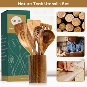 Natural Teak Wooden Cooking Utensils Set for Nonstick Cookware