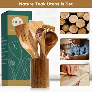 Natural Teak Wooden Cooking Utensils Set for Nonstick Cookware