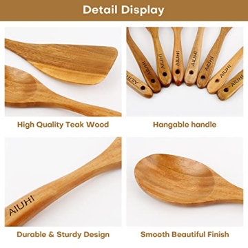 Natural Teak Wooden Cooking Utensils Set for Nonstick Cookware