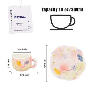 Koythin Ceramic Coffee Mug with Saucer, Cute Unique Handmade Cup for Women for Office and Home, Dish...