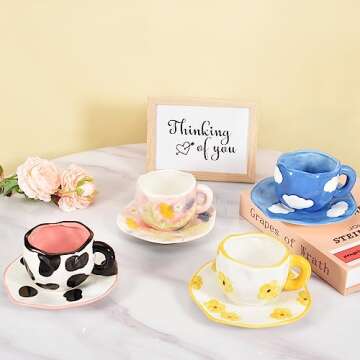 Koythin Ceramic Coffee Mug with Saucer, Cute Unique Handmade Cup for Women for Office and Home, Dishwasher and Microwave Safe, 10 oz/300 ml for Latte Tea Milk (Pink Flower Sea)
