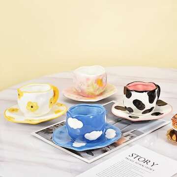 Koythin Ceramic Coffee Mug with Saucer, Cute Unique Handmade Cup for Women for Office and Home, Dishwasher and Microwave Safe, 10 oz/300 ml for Latte Tea Milk (Pink Flower Sea)