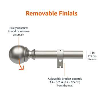 Amazon Basics Adjustable Curtain Rods for Windows, Round Finials, 1-Inch Rod, 72" to 144", Nickel, Pack of 1