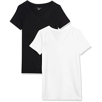 Amazon Essentials Women's Classic-Fit V-Neck T-Shirt Pack - Black/White X-Small