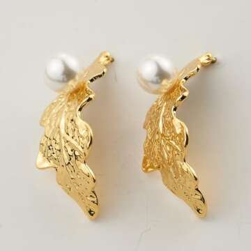 MEIYACA Stud Pearl Earrings For Women Gold Oak Leaf 18K Gold Plated Brass 925 Sterling Silver Posts ...