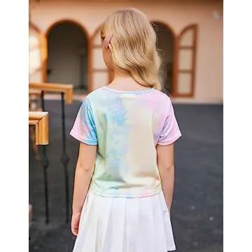 Arshiner Girls Casual Short Sleeve Shirts Tie Dye Summer T Shirt Round Neck Crop Top Tee Blouse Tie Dye Happy 7-8 Years