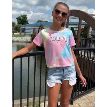 Arshiner Girls Casual Short Sleeve Shirts Tie Dye Summer T Shirt Round Neck Crop Top Tee Blouse Tie Dye Happy 7-8 Years