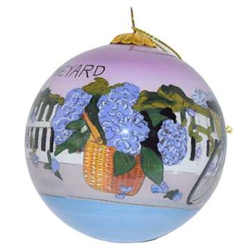 Blown Glass Christmas Ornament | Hydrangeas w/Bicycle Martha's Vineyard | Hand Painted Inside | Original Art | Includes Gift Box