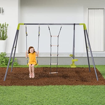 HOMCOM 3-in-1 Kids Metal Swing Set for Backyard Fun