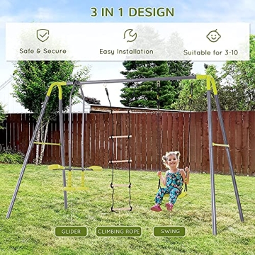 HOMCOM 3-in-1 Kids Metal Swing Set for Backyard Fun