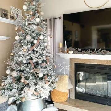 Fraser Hill Farm 10-Ft. Mountain Pine Flocked Artificial Christmas Tree with Stand and No Lights, Unlit Foldable Fake Tree with Realistic Snowy Foliage for Home Decoration