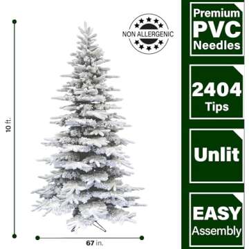 Fraser Hill Farm 10-Ft. Mountain Pine Flocked Artificial Christmas Tree with Stand and No Lights, Unlit Foldable Fake Tree with Realistic Snowy Foliage for Home Decoration