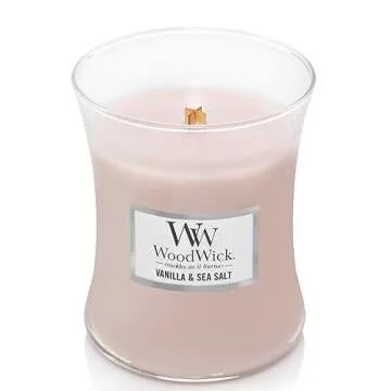 WoodWick Medium Hourglass Candle, Vanilla Sea Salt Scented, Premium Soy-Blend Wax, Pluswick Innovation Wood Wick, Ideal for Gifting or Home Decor