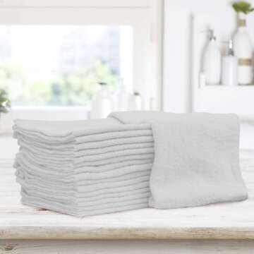 TALVANIA Shop Towels – Pack of 50 Reusable Cleaning Rags – Durable Quality Cotton – 13" x 13"– Machine Washable – Suitable for All Purposes (White)