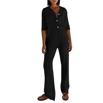 Tankaneo Women's Knit Pajama Sets Short Sleeve Collared Shirts and Wide Leg Pants 2 Piece Outfits Lounge Set Black