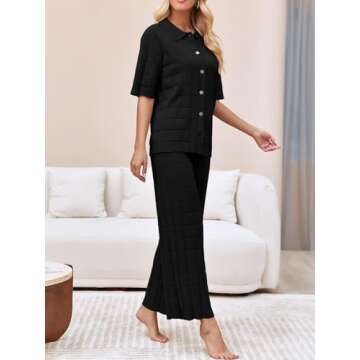 Tankaneo Women's Knit Pajama Sets Short Sleeve Collared Shirts and Wide Leg Pants 2 Piece Outfits Lounge Set Black