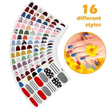 Maitys 224 Pieces 16 Sheets Full Nail Wraps Polish Stripes Nail Art Polish Stickers Self-Adhesive Decals with File Manicure Kit for Women DIY Art(Fresh Floral Series)