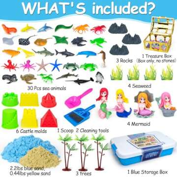 Tcvents Sensory Bins, Ocean Mermaid Sensory Bin Toys Sand Box for Kids Ages 3 4 5 6 7 8 9 Include 2.64lbs Magic Sand, 6 Castle Mould, 4 Mermaids, 30 Sea Animals- Toddlers Play Sand Art Kits