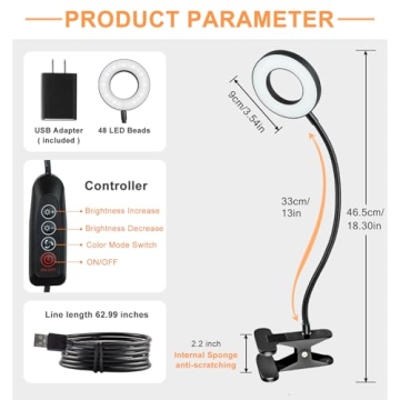 DLLT Dimmable Clip on Light, 48 LED USB Book Reading Light, Color Changeable Night Light Clip on for Desk, Bed Headboard, Makeup Mirror, Dorm Room, Computer, Piano Lighting, 15 Brightness (Black)