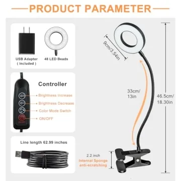 DLLT Dimmable Clip on Light, 48 LED USB Book Reading Light, Color Changeable Night Light Clip on for Desk, Bed Headboard, Makeup Mirror, Dorm Room, Computer, Piano Lighting, 15 Brightness (Black)