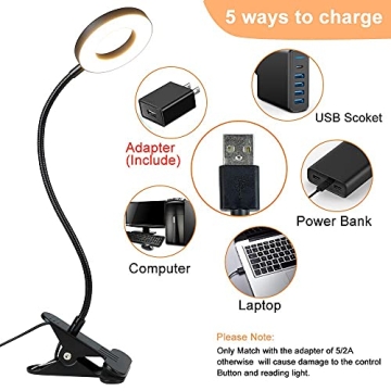 DLLT Dimmable Clip on Light, 48 LED USB Book Reading Light, Color Changeable Night Light Clip on for Desk, Bed Headboard, Makeup Mirror, Dorm Room, Computer, Piano Lighting, 15 Brightness (Black)