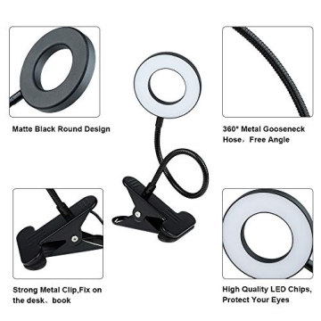 DLLT Dimmable Clip on Light, 48 LED USB Book Reading Light, Color Changeable Night Light Clip on for Desk, Bed Headboard, Makeup Mirror, Dorm Room, Computer, Piano Lighting, 15 Brightness (Black)