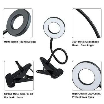 DLLT Dimmable Clip on Light, 48 LED USB Book Reading Light, Color Changeable Night Light Clip on for Desk, Bed Headboard, Makeup Mirror, Dorm Room, Computer, Piano Lighting, 15 Brightness (Black)