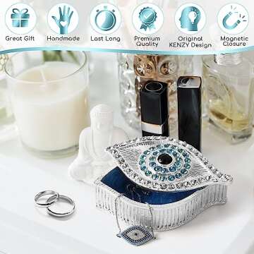 KENZY GIFTS Evil Eye Jewelry Box - Handmade Gold Keepsake Box with Magnetic Closure & Crystals - Decorative Storage for Bracelets, Necklaces, Boho Home Decor