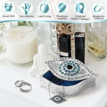 KENZY GIFTS Evil Eye Jewelry Box - Handmade Gold Keepsake Box with Magnetic Closure & Crystals - Decorative Storage for Bracelets, Necklaces, Boho Home Decor